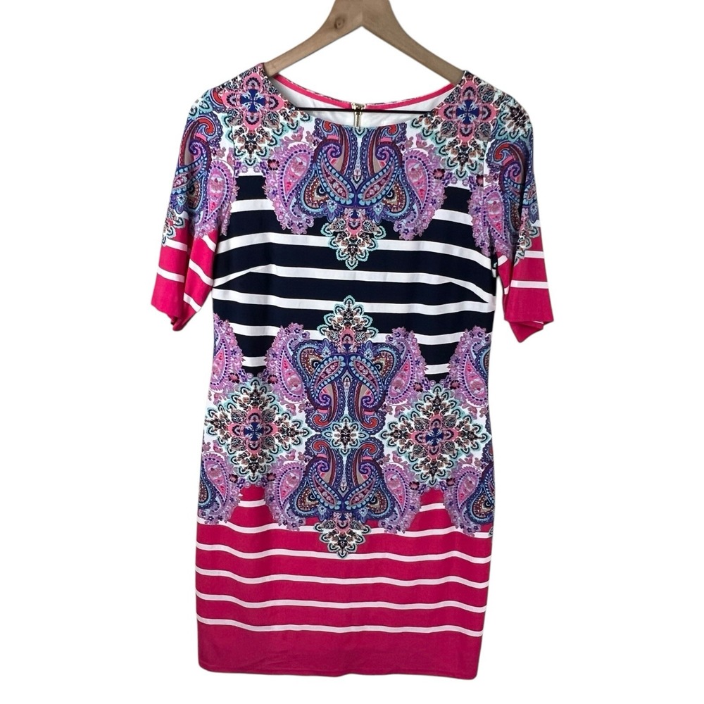 Eliza J Womens 10 Petite‎ Multicolor Paisley Striped Half Sleeve Jersey Dress